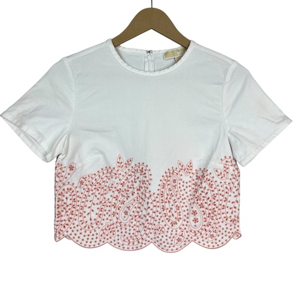 EUC Michael Kors Crop White Eyelet Detail Scallop Hem Short Sleeve Top Size XXS - Picture 1 of 6